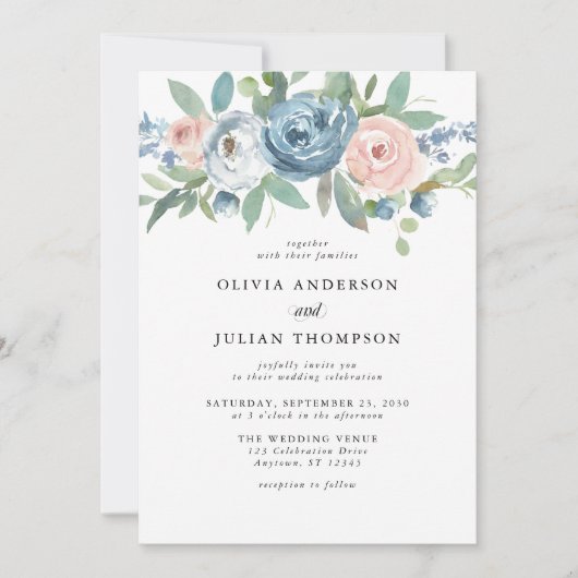 Dusty Blue & Blush Rose Blumenwasser Hochzeit Einladung (Vorderseite)