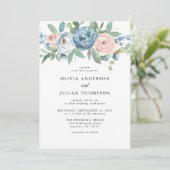 Dusty Blue & Blush Rose Blumenwasser Hochzeit Einladung (Stehend Vorderseite)