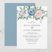 Dusty Blue & Blush Rose Blumenwasser Hochzeit Einladung (Vorne/Hinten)