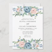 Dusty Blue & Blush Rose Floral Engagement Party Einladung (Vorderseite)