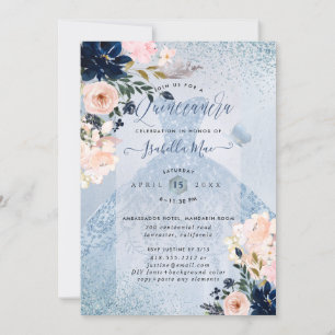 Dusty Blue+Blush Rose Glitzer Gown Quinceanera Einladung