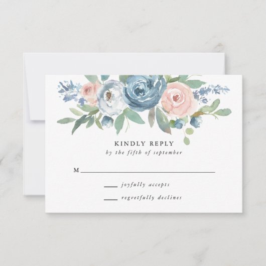 Dusty Blue & Blush Rose Wedding RSVP Card Karte (Vorderseite)