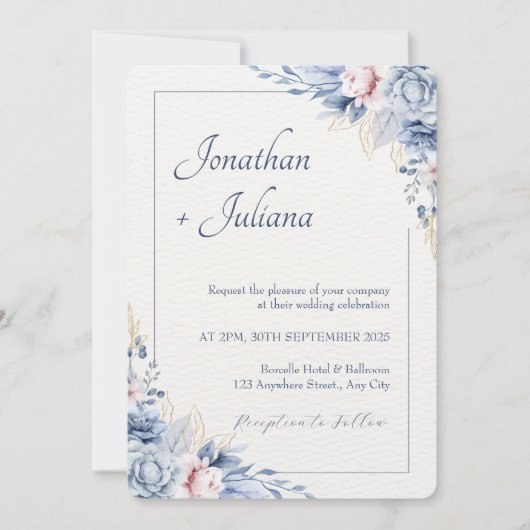 Dusty Blue & Blush Wasserfarbe Bloral Einladung (Vorderseite)
