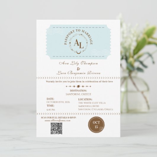 Dusty Blue Boarding Pass Cosmic Wedding Einladung (Stehend Vorderseite)