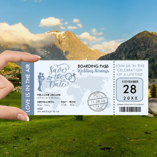 Dusty Blue Boarding Pass Hochzeit in Urlaubsort Save The Date