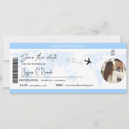 Dusty Blue Boarding Pass Hochzeit Save The Date (Vorderseite)