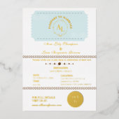 Dusty Blue Boarding Pass Kosmische Hochzeit Folieneinladung (Vorderseite)