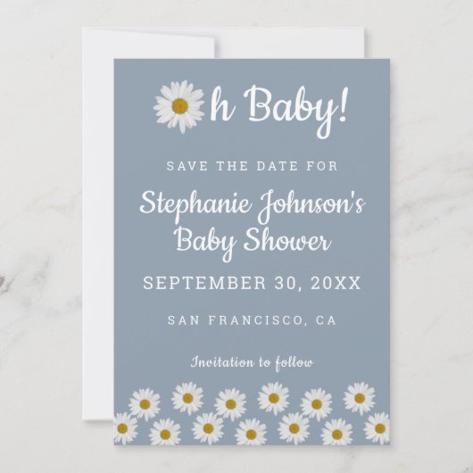 Dusty Blue Bohemisch Daisies Oh Baby Shower Save The Date (Vorderseite)