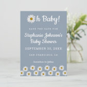 Dusty Blue Bohemisch Daisies Oh Baby Shower Save The Date (Stehend Vorderseite)