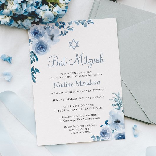 Dusty Blue Bohemisch Floral Bat Mitzvah Einladung