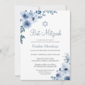 Dusty Blue Bohemisch Floral Bat Mitzvah Einladung (Vorderseite)