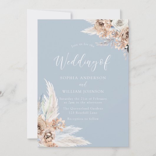Dusty Blue Bohemisch Floral Wedding Einladung (Vorderseite)