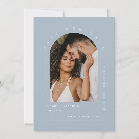 Dusty Blue Boho Arch Foto QR Code Rettete Unser Da Einladung (Vorderseite)