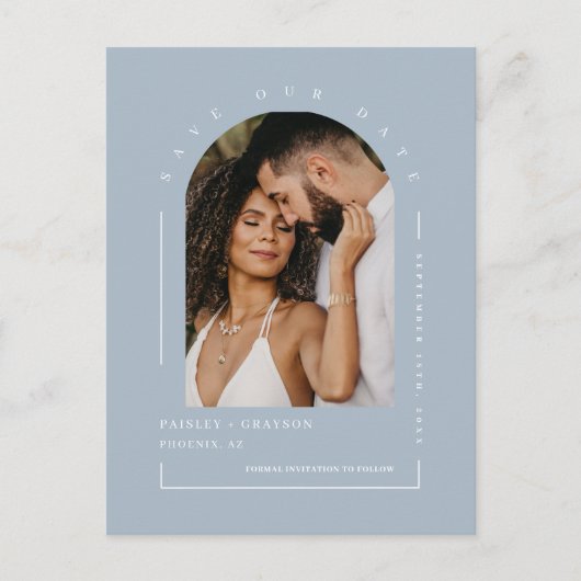 Dusty Blue Boho Arch Foto QR Code Rettete Unser Da Postkarte (Vorderseite)