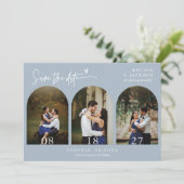 Dusty Blue Boho Arch Foto QR-Code Save the Date Einladung (Stehend Vorderseite)