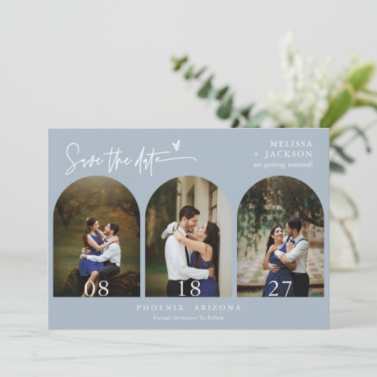 Dusty Blue Boho Arch Foto QR-Code Save the Date Einladung (Stehend Vorderseite)