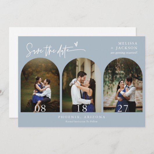 Dusty Blue Boho Arch Foto QR-Code Save the Date Einladung (Vorne/Hinten)