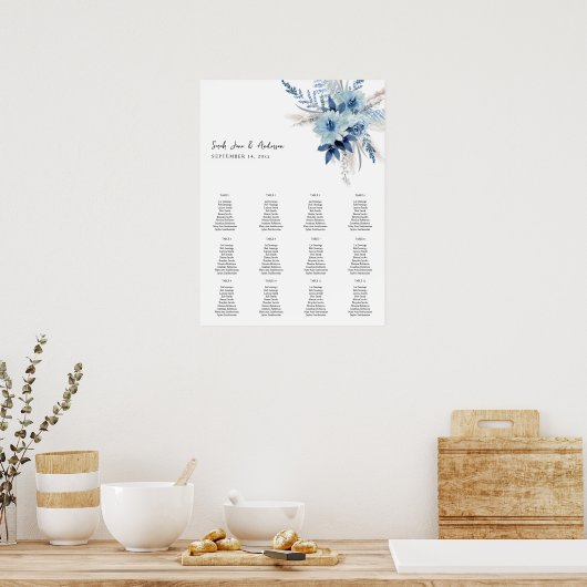 Dusty Blue Boho Blütensitzkarte - 12 original Poster (Küche)