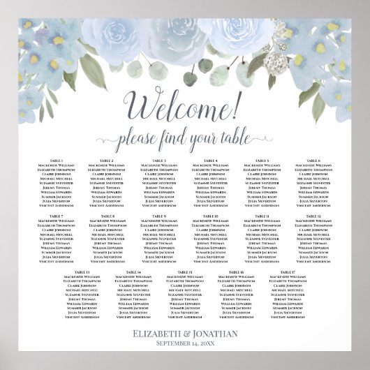 Dusty Blue Boho Chic Floral 17 Table Seating Chart Poster (Vorne)