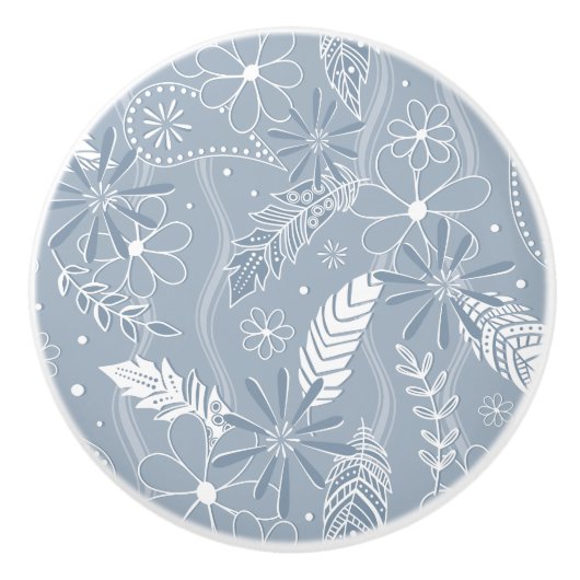 Dusty Blue Boho Feathers Blume Piss Monogramm Keramikknauf (Vorderseite)