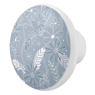Dusty Blue Boho Feathers Blume Piss Monogramm Keramikknauf