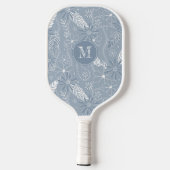 Dusty Blue Boho Feathers Blume Piss Monogramm Pickleball Schläger (Rückseite)