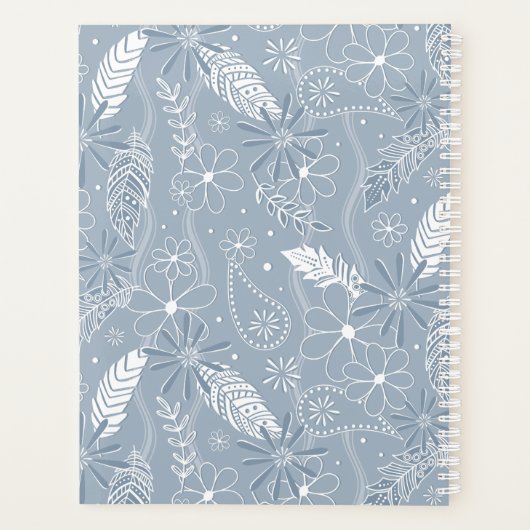 Dusty Blue Boho Feathers Blume Piss Monogramm Planer (Rückseite)