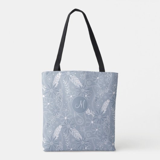 Dusty Blue Boho Feathers Blume Piss Monogramm Tasche (Rückseite)
