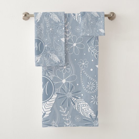 Dusty Blue Boho Federn Blume Paismuster Badhandtuch Set (Insitu)