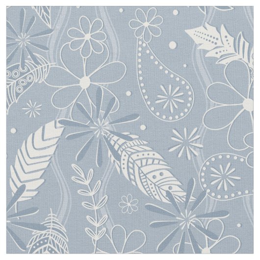 Dusty Blue Boho Federn Blume Paismuster Stoff (Nahaufnahme)
