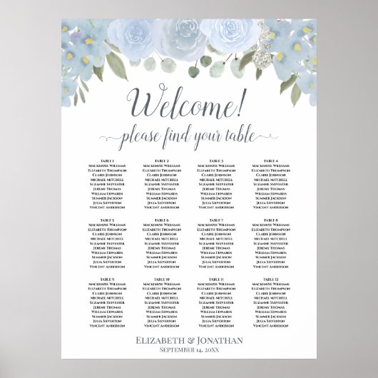 Dusty Blue Boho Floral 12 Tabelle Seating Chart Poster (Vorne)