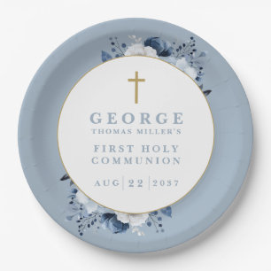 Dusty Blue Boho Floral First Holy Communion Pappteller