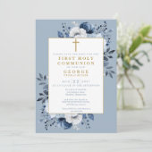 Dusty Blue Boho Floral First Holy Communion Save The Date (Stehend Vorderseite)