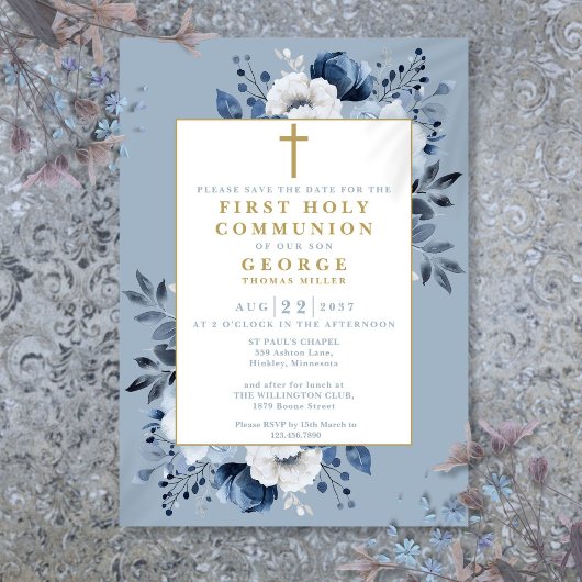 Dusty Blue Boho Floral First Holy Communion Save The Date