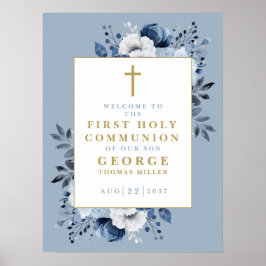 Dusty Blue Boho Floral Heilige Kommunion Begrüßung Poster
