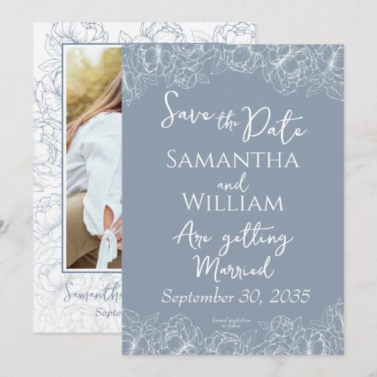 Dusty Blue Boho Floral Modern Wedding Save The Date (Vorne/Hinten)