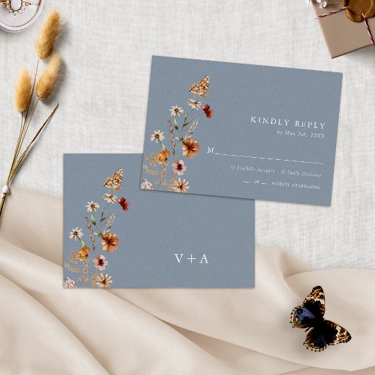 Dusty Blue Boho Floral RSVP Karte