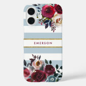 Dusty Blue Boho Floral Stripe Monogramm Case-Mate iPhone Hülle (Rückseite)