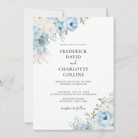 Dusty Blue Boho Floral Wedding Einladung (Vorderseite)