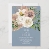 Dusty Blue Boho Floral Wedding Einladung (Vorderseite)