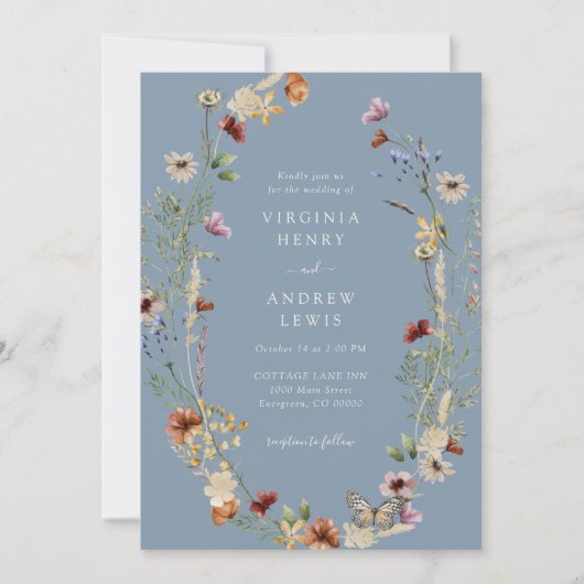 Dusty Blue Boho Floral Wedding Einladung (Vorderseite)