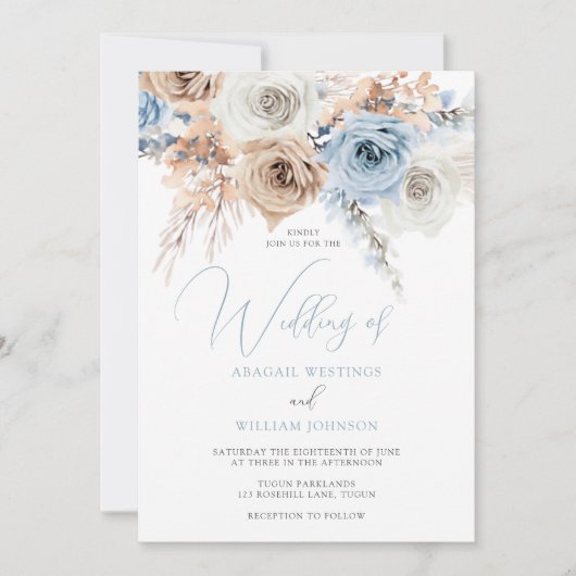Dusty Blue Boho Floral Wedding Einladung (Vorderseite)