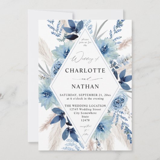 Dusty Blue Boho Floral Wedding Einladung (Vorderseite)