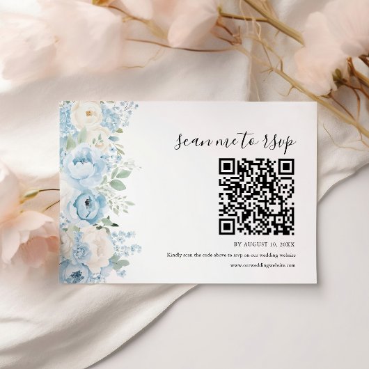 Dusty Blue Boho Floral Wedding QR Code RSVP Karte