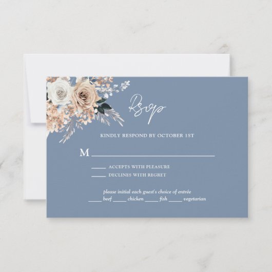 Dusty Blue Boho Floral Wedding RSVP Card Karte (Vorderseite)