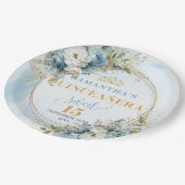 Dusty Blue Boho Greenery Gold Glitter Quinceañera  Pappteller (Schrägansicht)