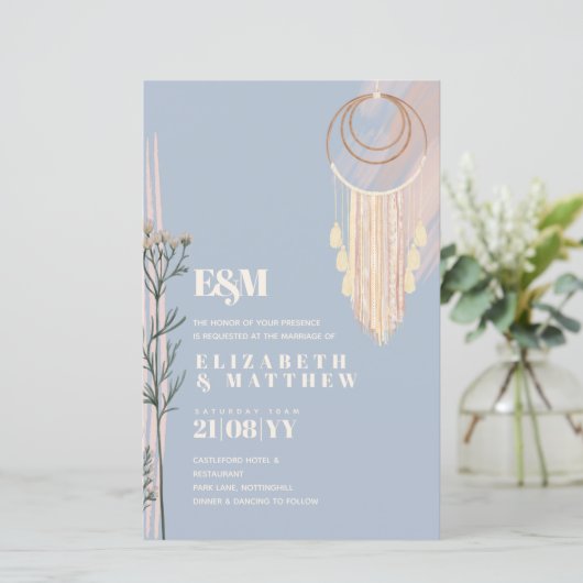 Dusty Blue Boho Hochzeitseinladungen (Stehend Vorderseite)