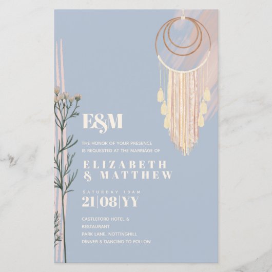 Dusty Blue Boho Hochzeitseinladungen (Vorderseite)