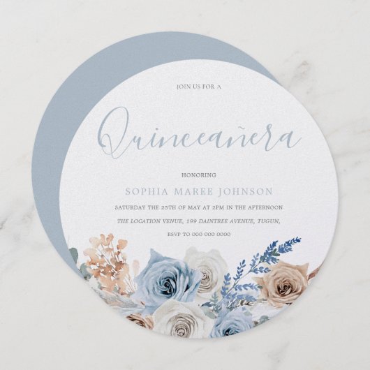 Dusty Blue Boho Pear Shimmer Quinceanera Party Einladung (Vorne/Hinten)