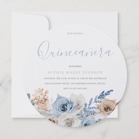 Dusty Blue Boho Pear Shimmer Quinceanera Party Einladung (Vorderseite)